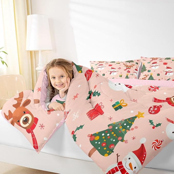 Feelyou Christmas Comforter Set Twin Size Snowman Bedding Set for Kids Boys Girls Deer Xmas Tree Duvet Quilt New Year Gift Bedroom Decor Snowflake Microfiber 2 Pcs with 1 Pillow Cases