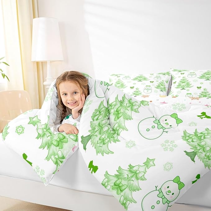 Feelyou Merry Christmas Comforter Set All Season Cute Snowman Bedding Set with 2 Pillow Cases Cartoon Bowknot Microfiber Kids Full Bedclothes Christmas Tree Duvet Quilt Breathable Soft Lightweight