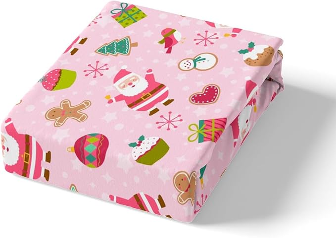 Manfei Christmas Duvet Cover Set Queen Size, Santa Claus Xmas Trees Snowflake Comforter Cover with 2 Pillowcases, New Year Pink Bedding Set 3pcs for Kids Girls Lightweight Bedspread Cover,No Comforter