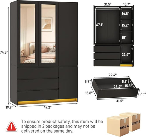 3 Doors Armoire Wardrobe Closet with 3 Drawers & Mirror, Modern Wooden Bedroom Armoires with Hanging Rod Led Lights for Bedroom, Black