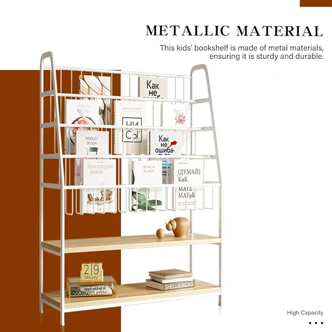 Metal Kids Bookshelf and Toy Storage Organizer,6 Tier Childrens Bookcase,Magazine Rack Floor, Book Shelf for Kids Rooms Classroom Nursery Living Room Office (White, L:23.62")