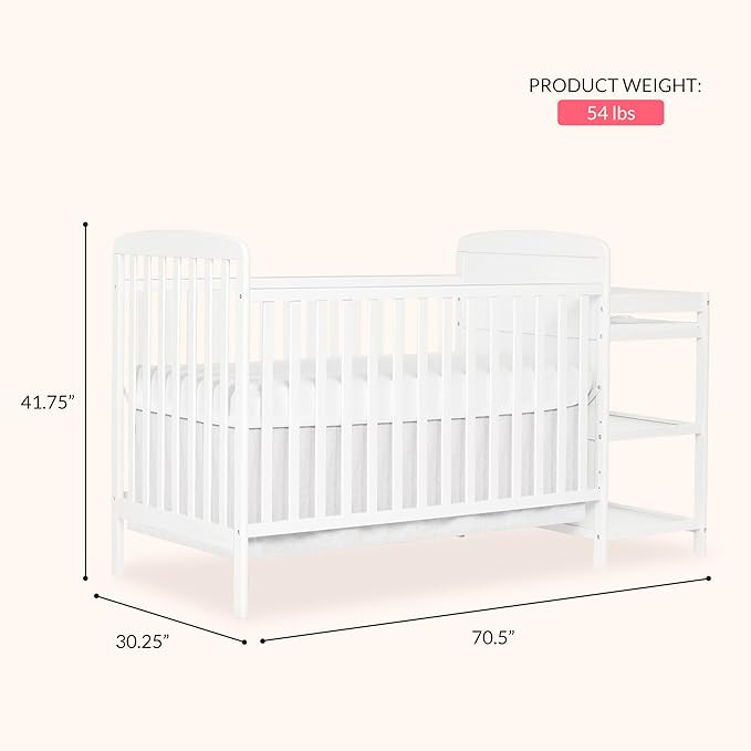 Dream On Me Anna 3-in-1 Convertible Full-Size Baby Crib & Changer with Storage in White, GreenGuard Gold & JPMA, Pinewood, Converts to Day & Toddler Bed, 3 Mattress Heights, 1″ Changing Pad