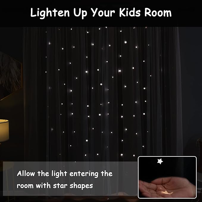Kinryb Kids Blackout Curtains for Bedroom/Living Room/Classroom, Sheer Overlay Small 2 Panel Set, Double Layer Curtains with Star Cutout for Kids Room(W 52 x L 36 Inches,Black 2 Pcs)