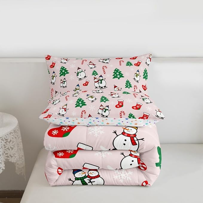 Feelyou Pink Christmas Comforter Set Toddler Size Snowman Bedding Set for Kids Boys Girls Snowflake Duvet Quilt Xmas Tree Bedroom Decor Microfiber 2 Pcs with 1 Pillow Cases