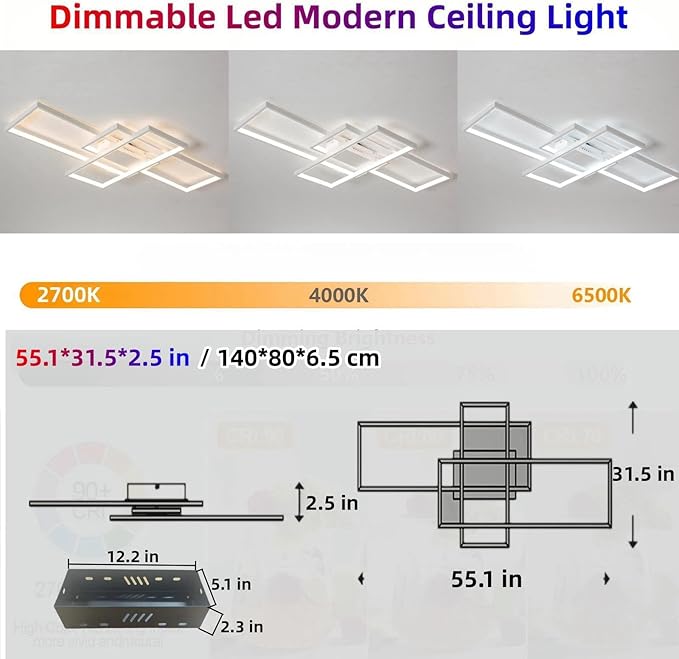 Flush Mount Modern LED Ceiling Light Fixture,With remote control Dimmable 3 Color Selectable Ceiling Lamp Ceiling Light for sitting room Kitchen Bedroom Hallway Porch (White, 55.1*31.5*2.5 IN)