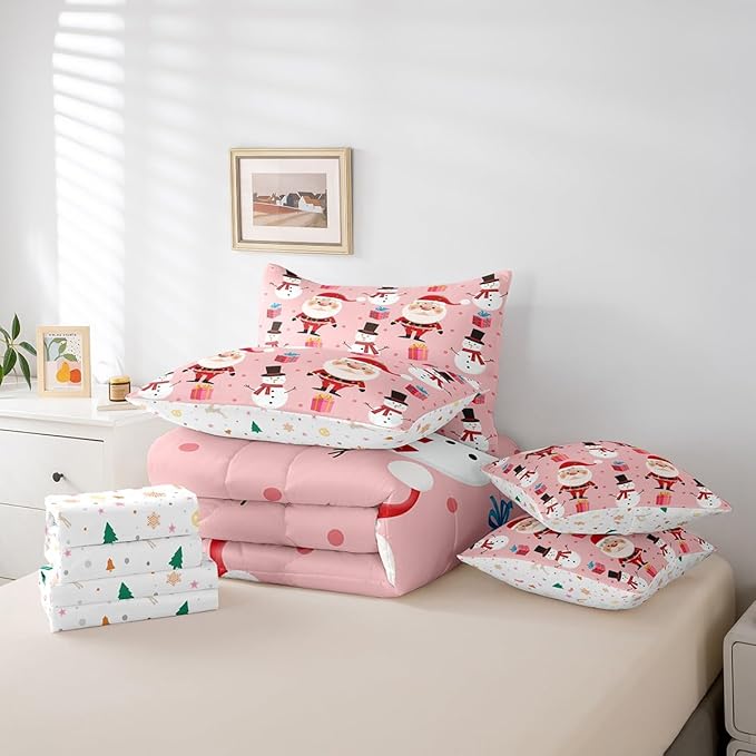 Feelyou Christmas Bed in a Bag Merry Christmas Snowman Comforter Set with Sheets for Kids Boys Girls Decor Santa Claus Bed Set Kawaii Pink Bedding Set Bedroom Collection King Size