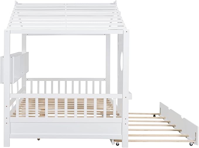 Full Size House Bed with Roof and Window for Kids, Wooden Playhouse Bed with Storage Shelves and Trundle for Bedroom Furniture Girls & Boys (White/T2)