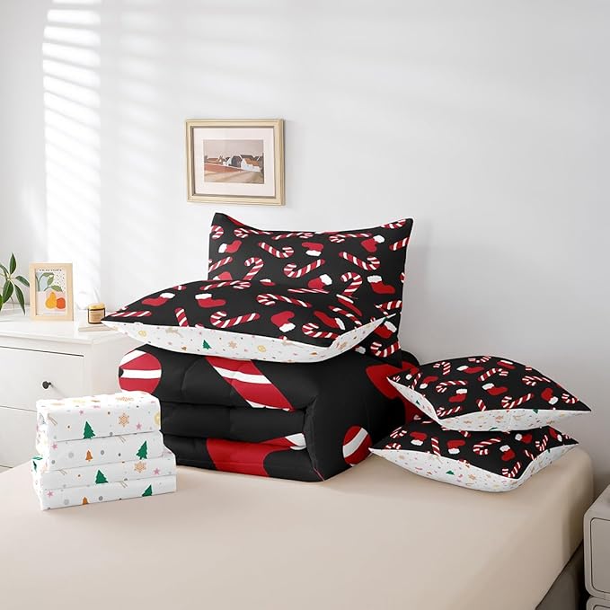 Merry Christmas Kids Bedding Set Xmas Theme Comforter Set with Sheets for Boys Girls Christmas Stockings Candy Decor Bed in a Bag Red Black Xmas Theme Bed Set 7Pcs King Size