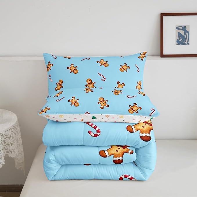jejeloiu Kids Cute Gingerbread Man Comforter Set King Size Christmas Theme Bedding Set for Boys Girls Teens Xmas Candy Cane Happy New Year Duvet Quilt Room Decor