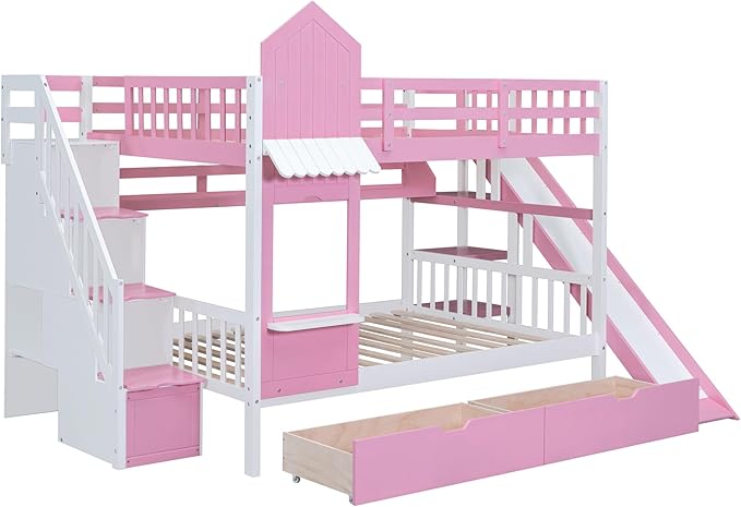 Full-Over-Full Castle Style Bunk Bed with 2 Drawers and 3 Shelves, Wood Bunk Bed Frame with Slide and Storage Staircase for Kids Teens Boys Girls, Maximize Space Savings