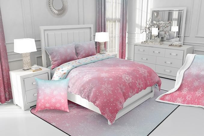 Feelyou Christmas Comforter Set Full Size Winter Snowflake Bedding Set for Kids Boys Girls Blue Pink Gradient Duvet Quilt Bedroom Decor Microfiber 3 Pcs with 2 Pillow Cases