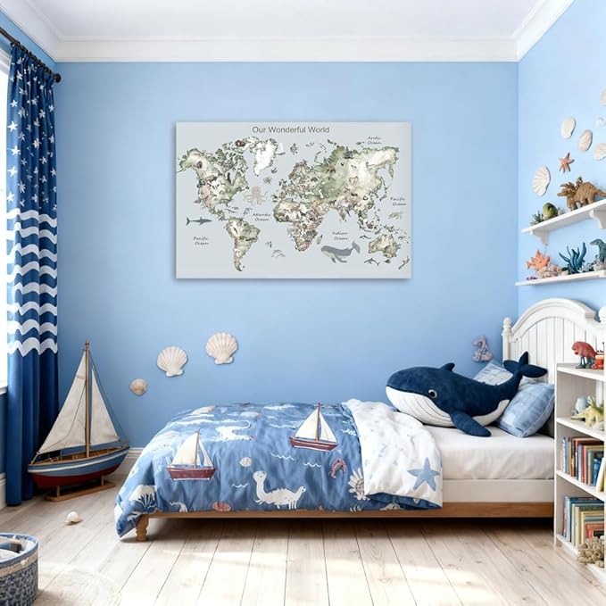 Educational Posters for Toddlers 1-3, Toddler Learning Poster for Kids Ages 3-5, World Map Canvas Print Nursery Preschool Homeschool Kindergarten Classroom Decor 12x18 Inch Unframed B