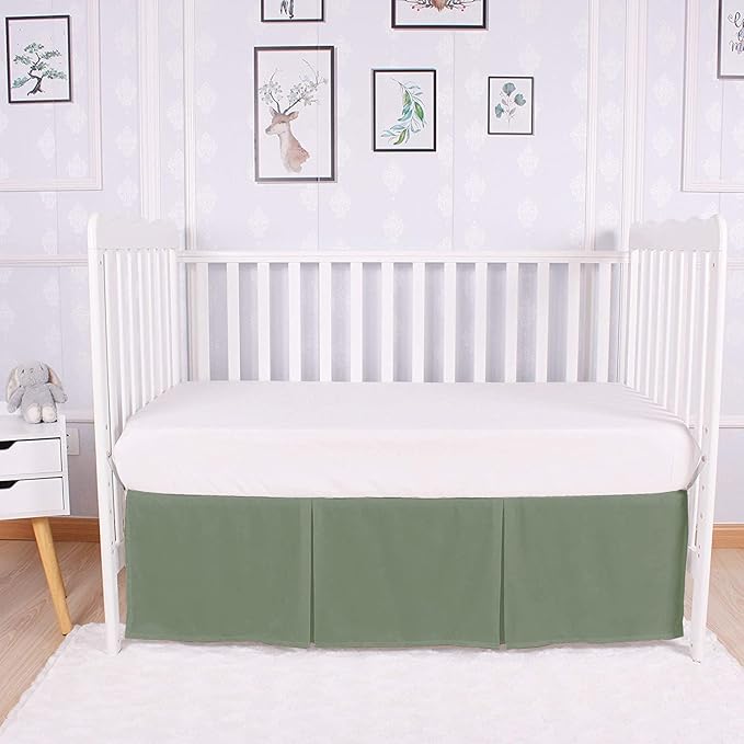 Box Pleated Mini Crib Bed Skirt Premium 100% Cotton 800 Thread Count Nursery Crib Toddler Bedding Crib Bedskirt for Baby Boys or Baby Girls, (24" x 38") + 10" Drop Lenght - Sage Solid