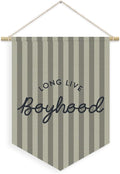 Boys Room Decor, Long Live Boyhood Boy Nursery Linen Canvas Banner, Grey Striped Wall Hanging Pennant Flag Banner for Boys Nursery Kids Toddler Room Bedroom Playroom Decor, 15x11in