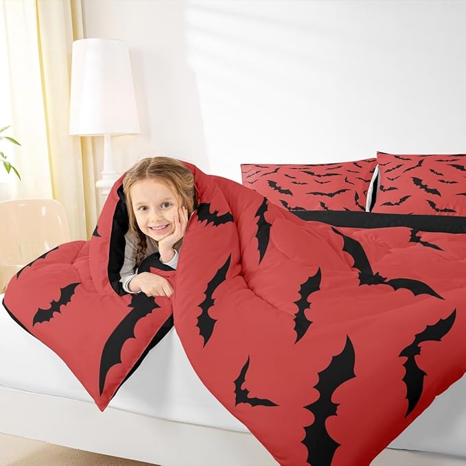 Erosebridal Black Bats Bedding Set Halloween Themed Comforter Set King Size,Bat Spooky Gothic Quilt for Kids Boys Girls Adults Red Halloween Decorations Duvet Insert,Goth Room Decor