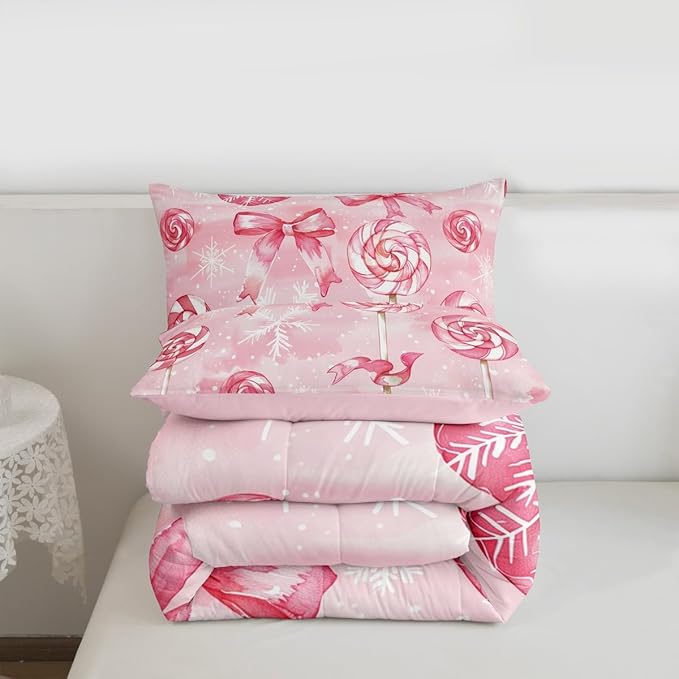 Feelyou Pink Bow Comforter Set Toddler Size Pink Lollipops Bedding Set for Kids Boys Girls Watercolor-Style Duvet Quilt Xmas Snowflake Bedroom Decor Christmas Microfiber 2 Pcs with 1 Pillow Cases