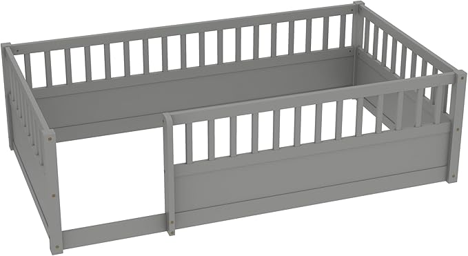 Harper & Bright Designs Twin Floor Bed for Kids, Wood Floor Beds with High Guardrails, Montessori Bed Twin with Opening Door for Boys, Girls, Kids, Solid Wood Structure, Gray
