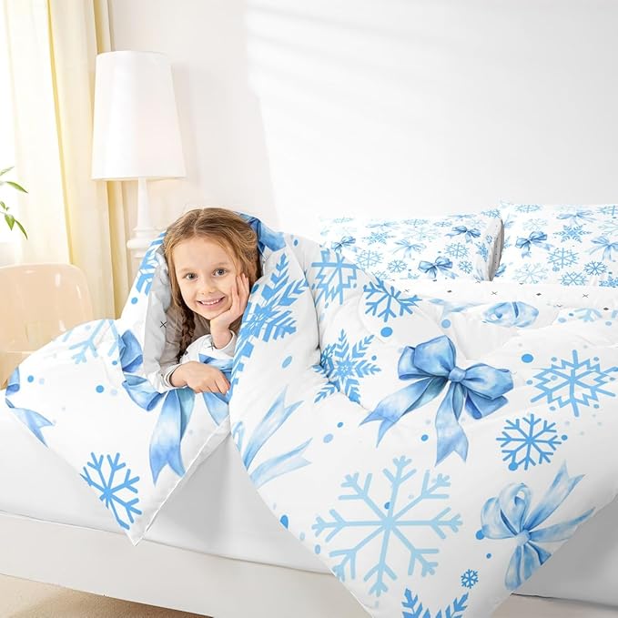 Manfei Lovely Bowknot Girls Bedding Set Twin Size,Dreamy Bowknot Dots Snowflake Comforter Set,Winter Merry Christmas Girly Quilt Comforter Teens,Blue White Room Decor All Season,1 Pillowcase