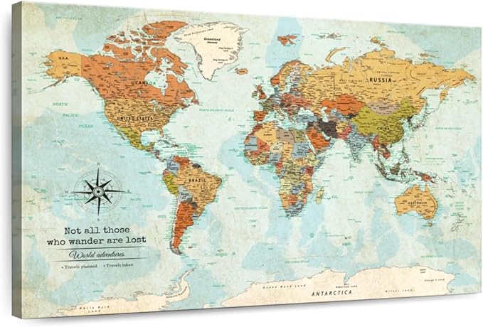 ElephantStock - Personalized Wanderer Push Pin World Map Wall Art - Horizontal Canvas Wall Art - Living Room Wall Decor - Digital Art Map Canvas Art - Orange And Blue Decor - 24" x 16"