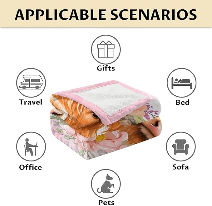 Highland Cow Gifts for Women - 60" x 80" Inches Highland Cow Throw Blanket for Adults - Pink Soft Fuzzy Blankets for Sofa, Bed & Living Room
