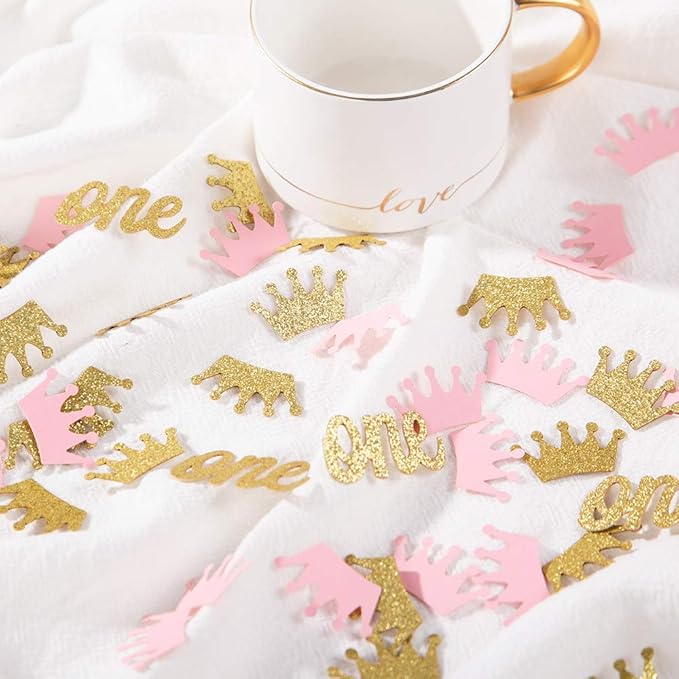 Glitter Crown Confetti Pink and Gold One Table Scatter for Princess Girl First Birthday,Baby Shower Party Decorations