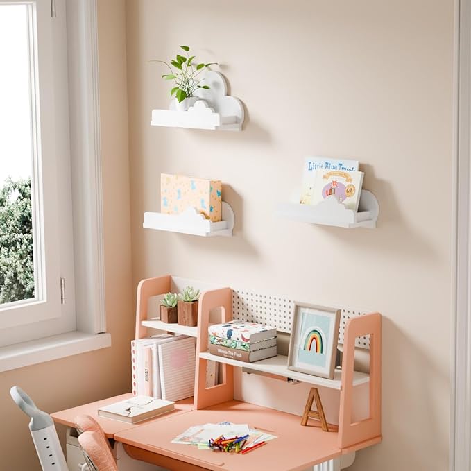 Cloud Shelves for Kid’s Room Nursery Wall Deor Set of 3, White Cloud Bookshelf Floating Shelf, Small Figure Shelf Wall Mounted, Cute Decorative Cloud Floating Shelf for Toys, Plants & Storage