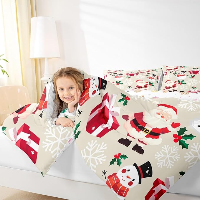 jejeloiu Merry Christmas Comforter Set Toddler Size Xmas Santa Claus Bedding Set for Kids Boys Girls Cute Snowman Duvet Quilt Beige Bedroom Decor