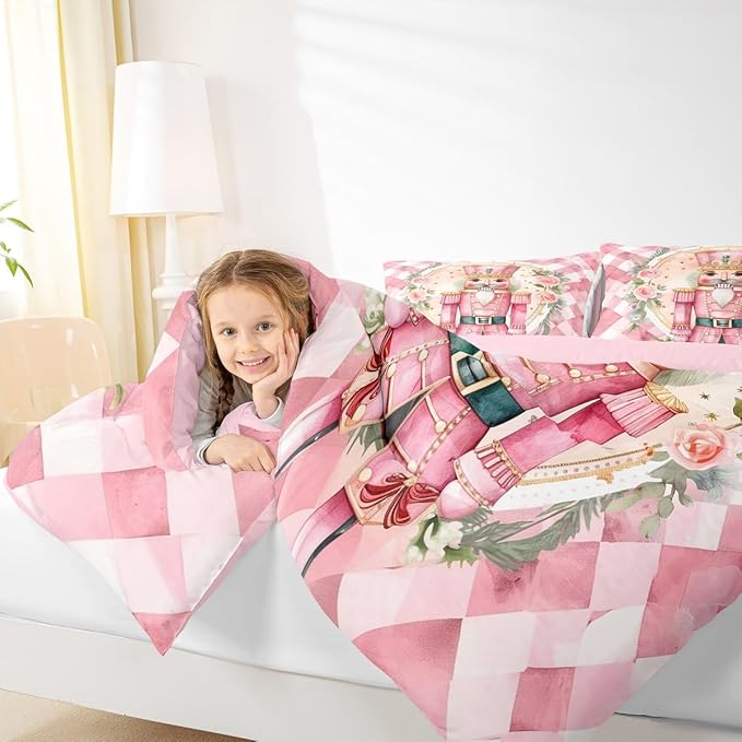 Feelyou Christmas Comforter Set All Season Pink Nutcrackers Bedding Set with 2 Pillow Cases Rose Kids King Bedclothes Floral Bedroom Decor Funny Nutcracker Duvet Quilt Breathable Soft Lightweight