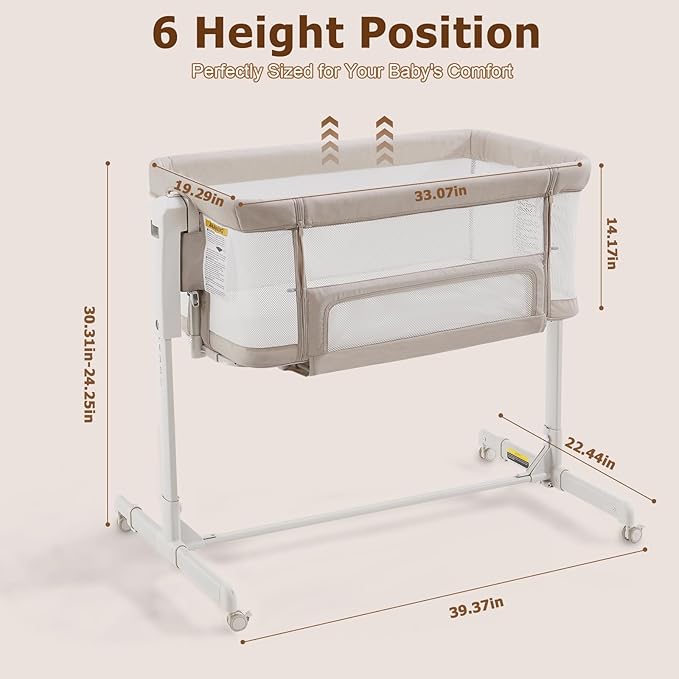 Baby Bassinet Bedside Sleeper 3-in-1, Easy Night Feeding with One-Side Fold & Rolling Wheels, Breathable Mesh, 6-Height Adjustable, Soft Mattress for Newborns
