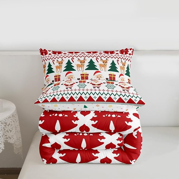 Feelyou Merry Christmas Comforter Set Full Size Santa Claus Bedding Set for Kids Boys Girls Cute Deer Duvet Quilt Snowflake Bedroom Decor Microfiber 3 Pcs with 2 Pillow Cases