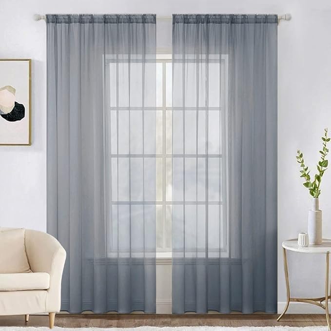 MIULEE 2 Panels Solid Color Sheer Window Curtains Elegant Window Voile Panels/Drapes/Treatment for Bedroom Living Room (54X90 Inches Dark Grey)