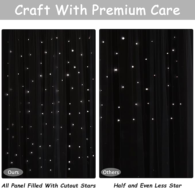 Kinryb Kids Curtains for Bedroom/Living Room/Classroom, Sheer Overlay Extra Long,2 Free Tiebacks, Double Layer Curtains with Star Cutout for Kids Room(W 52 x L 108 Inches,Greyish White 2 Pcs)