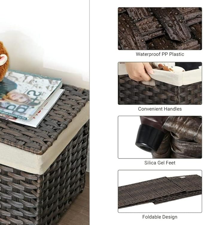 SONGMICS Storage Basket with Lid, 42.3 Gallon (160L) Storage Bin, Woven Blanket Storage Basket with Handles, Foldable, Removable Liner, Metal Frame, for Bedroom, Laundry Room, Brown URST76BR