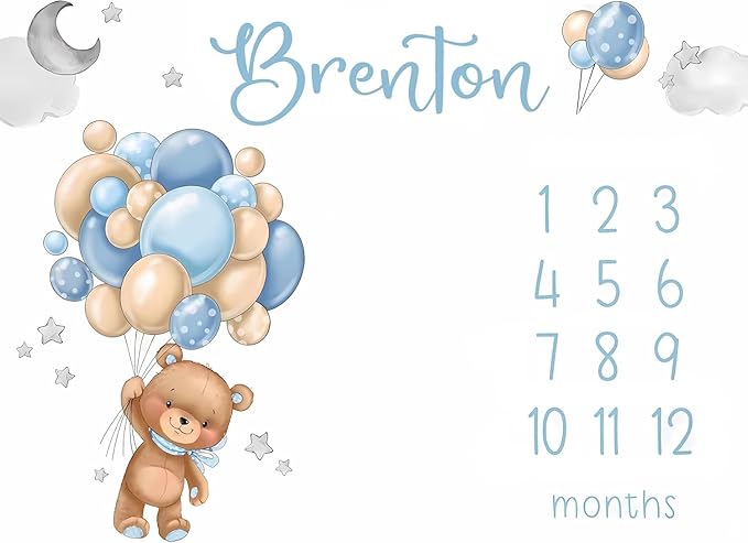 OLIVE OLIVIA Personalized Baby Milestone Blanket with Customized Name, 60"x80", White, Flannel, Throw Blanket, Modern Style, Bear Theme, Unisex, Machine Wash