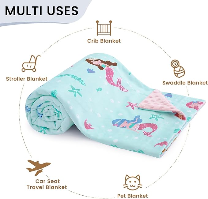 david's kids Micro Fleece Minky Baby Blanket for Girls with Double Layer and Soothing Raised Dots, Breathable and Soft Lightweight Receiving Blanket for Newborns, 40x50 Inches, Mermaid