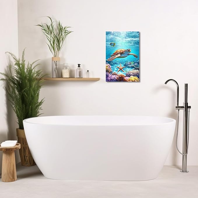 AWPANERAR Sea Turtle Wall Art Bathroom Pictures Watercolor Sea Life Canvas Prints Ocean Animal Poster Nautical Theme Artwork for Kids Room Nursery Decor Framed (Green, (18L x 12W))