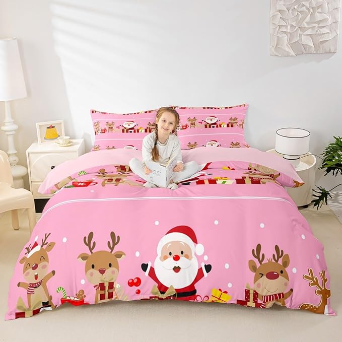 Christmas Bedding Duvet Cover Set Kids Cartoon Santa Claus Bedding Set Boys Girls Deer New Year Decor Comforter Cover Set Microfiber Gift Boxes Xmas Theme Bedspread Cover Bedroom Bedclothes Queen Size