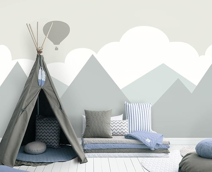 Cartoon Hot air Balloon Mountain Peak Baiyun Children's Nursery Wall Mural Wallpaper 103" x 69"