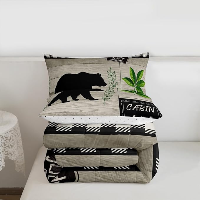 Bear Silhouette Kids Comforter Set Twin Size,Leaves Wooden Plank Bedding,Girls Boys Adults Bedroom/Xmas Cabin Decor,Geometric Grids Retro Down Comforter,Rustic Farmhouse Duvet Insert,1 Pillowcase