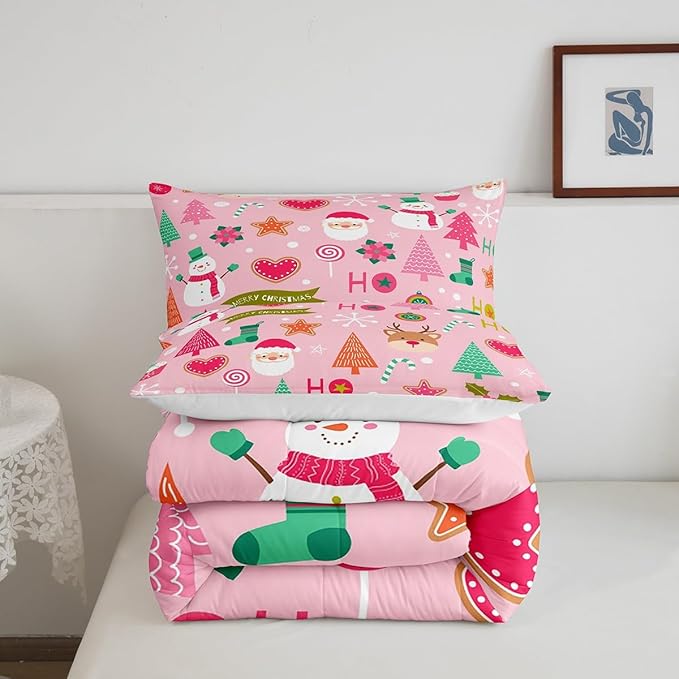 Merry Christmas Kids Comforter Set Full Size,Cute Santa Claus Snowman Deer Bedding Set,Boys Girls Adults Room Decor,Snowflake Christmas Trees Down Comforter,Pink Xmas Duvet Insert,2 Pillowcases