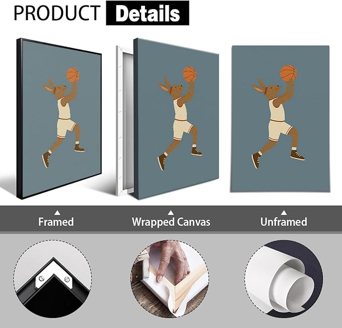 Basketball Canvas Wall Art, Nursery Animal Sports Posters, Bunny Rabbit Athletes Pictures, Positive Quote Print, Kids Bedroom Basketball Court & Hoop Decor 16x24in Framed