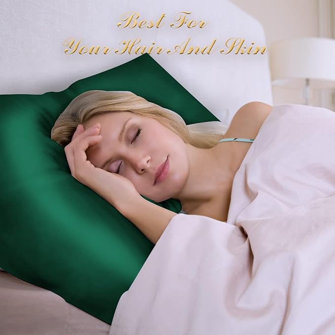 100% Mulberry Silk Pillowcase 2 Pack for Hair and Skin,with Hidden Zipper,Both Sides 22 Momme Natural Silk Pillow Cover,Soft Breathable & Smooth (Dark Green, Queen)