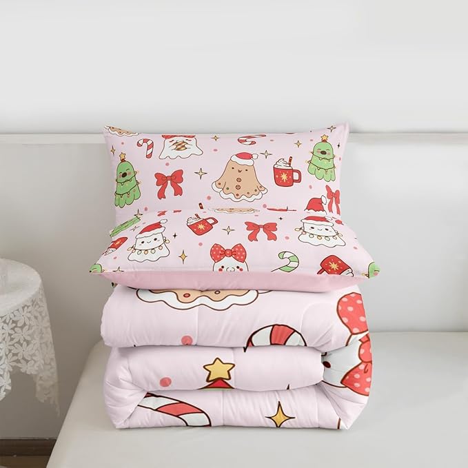 Feelyou Christmas Bedding Set Soft for Boys Girls, Cute Bow Comforter Set Twin Size Cute Ghost Duvet Quilt Microfiber Coquette Bow Knot Bedroom Decor Candy Print 2 Pcs with 1 Pillow Cases