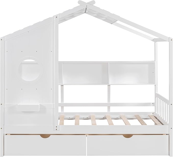 Harper & Bright Designs Twin Size Modern House Bed with Roof, Wooden Twin Size House Bed with 2 Drawers and Storage Shelf, White