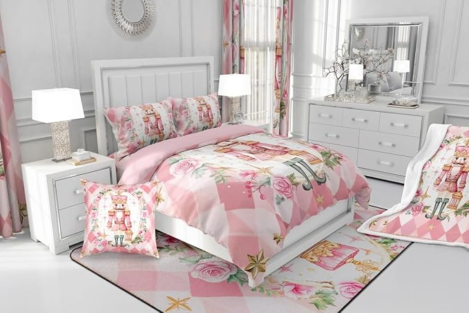 Feelyou Christmas Comforter Set Twin Size Pink Nutcrackers Bedding Set for Kids Boys Girls Floral Duvet Quilt Funny Nutcracker Bedroom Decor Rose Microfiber 2 Pcs with 1 Pillow Cases
