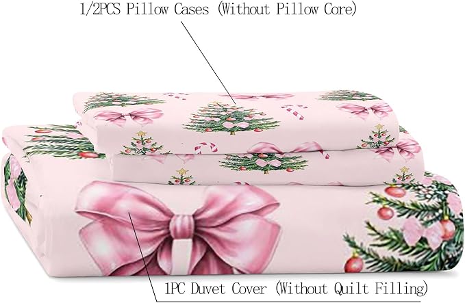 LUVIVIHOME 2PCS Pink Bow Christmas Tree Duvet Cover Twin Bedding Sets, Teen Girls Bedding, Xmas Tree Candy Cane Winter Holiday Christmas Comforter Cover, Coquette Room Decor Aesthetic, 1 Pillow Sham