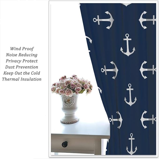 Nautical Curtains,MarineThemed Oceanic Anchor Pattern Blackout Print Home Bedroom Living Room Window Treatments 2 Panel Set 52x84 Inch
