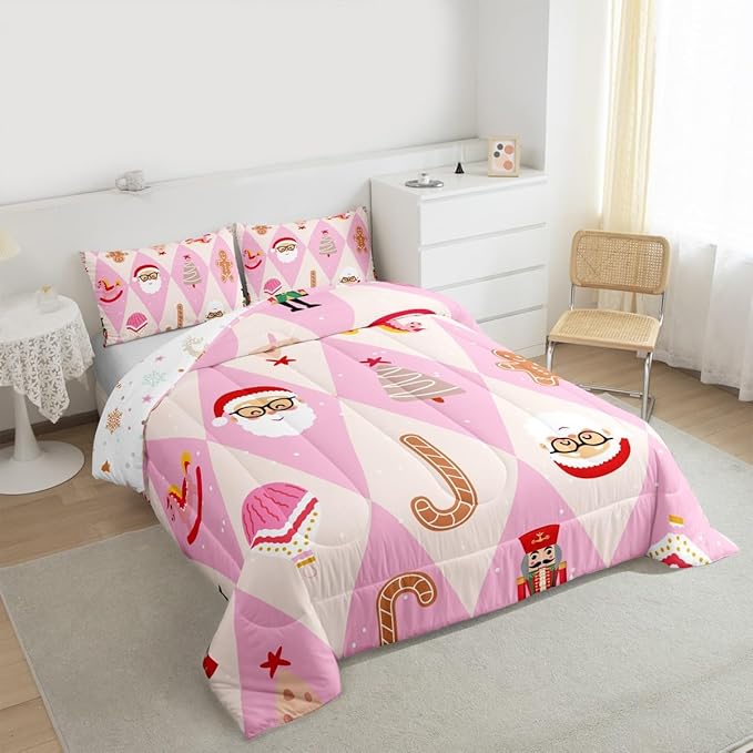 Feelyou Pink Christmas Kids Comforter Set Full Size Santa Claus Bedding Set Xmas Tree Nutcracker Soldier Duvet Quilt for Kids Boys Girls Bedroom Gingerbread Man Decor Microfiber Ultra Soft Breathable