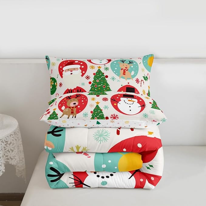 Feelyou Christmas Bedding Set Soft for Boys Girls, Santa Snowman Comforter Set Twin Size Deer Xmas Tree Duvet Quilt Microfiber Snowflake Bedroom Decor 2 Pcs with 1 Pillow Cases