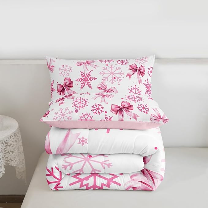 Cute Bow Tie Comforter Set King Size,Girly Bowknot Snowflake Dots Kids Bedding Set,Merry Christmas Winter Princess Quilt Comforter,Pink White Duvet Insert,2 Pillowcases